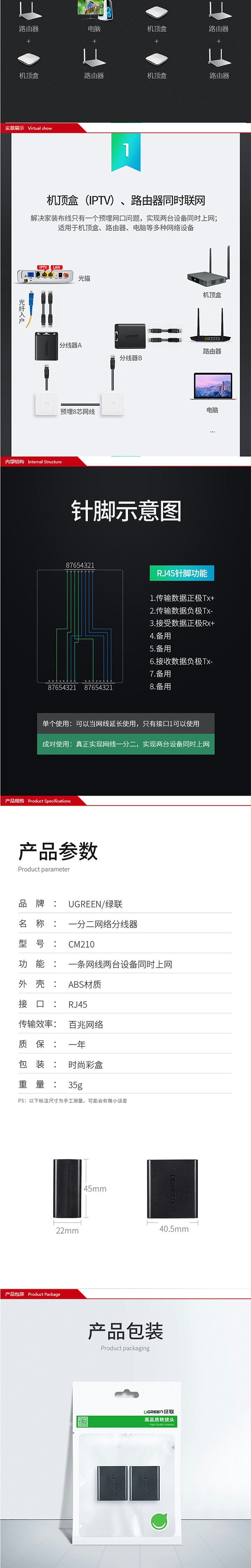 绿联50923 双网口一分二 黑色USB3.0 2口集线器 详情页