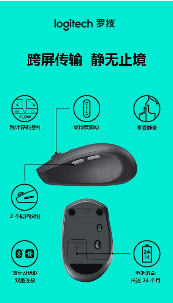 罗技（Logitech）M590 多设备静音无线鼠标 无线蓝牙优联双模跨计算机控制鼠标 侧键 石墨黑