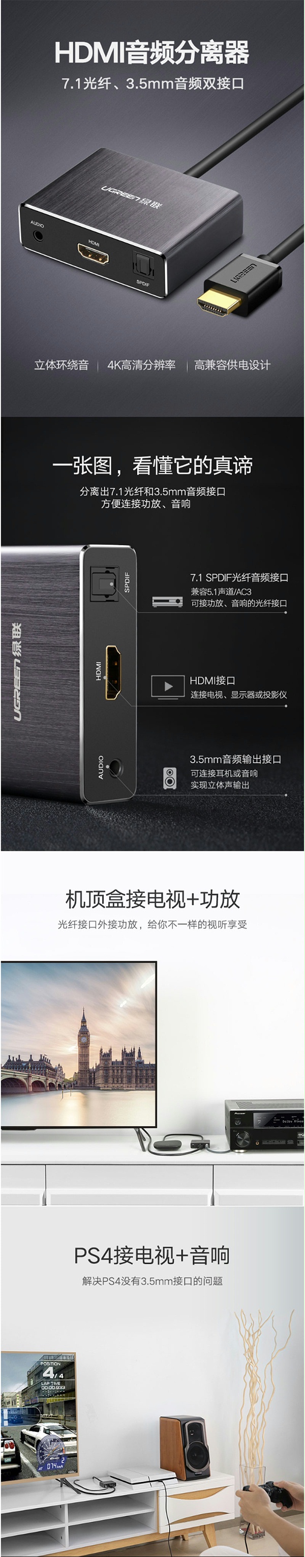 绿联40281 HDMI转HDMI+光纤+音频