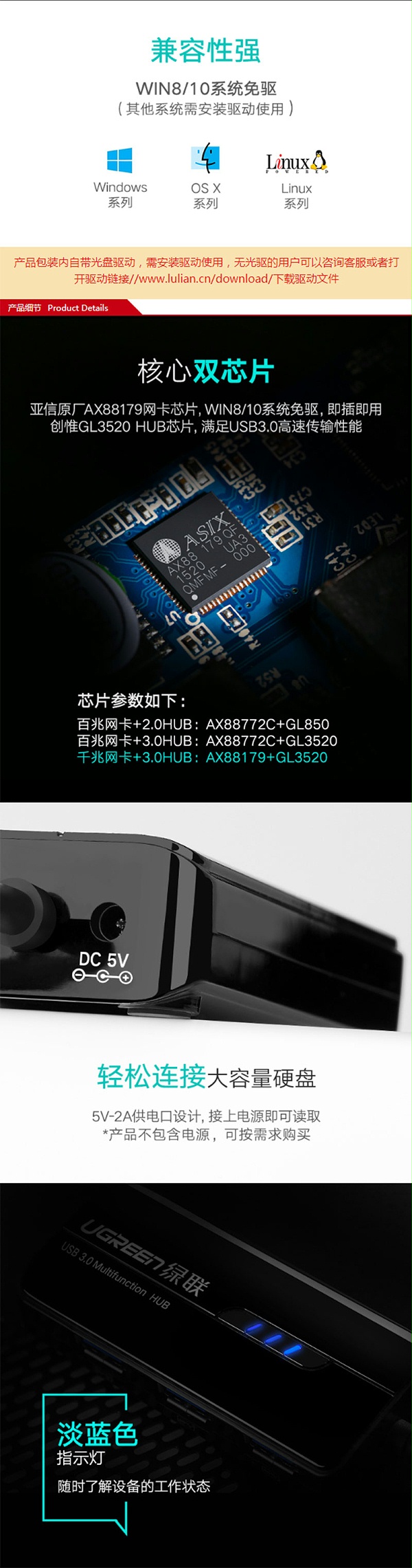 绿联20265 USB3.0 HUB+千兆网口