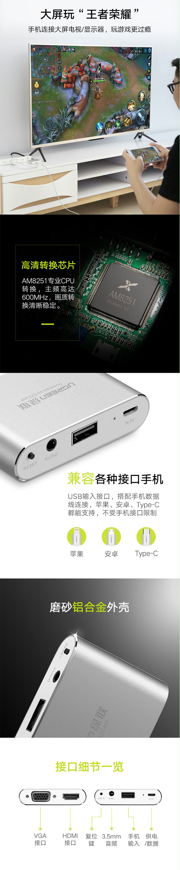 绿联30522 手机转VGA+HDMI转换器