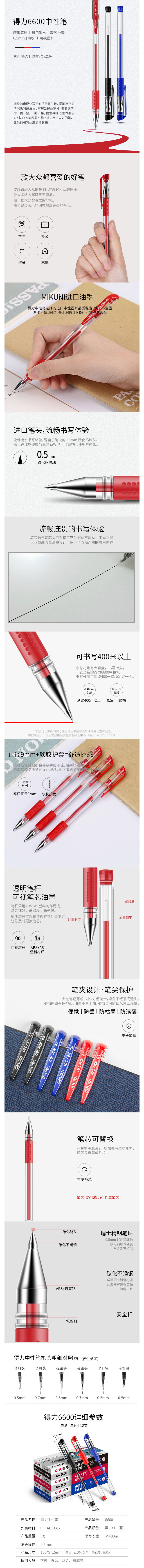 得力05mm经典办公中性签字笔 子弹头黑色12支/盒 6600 