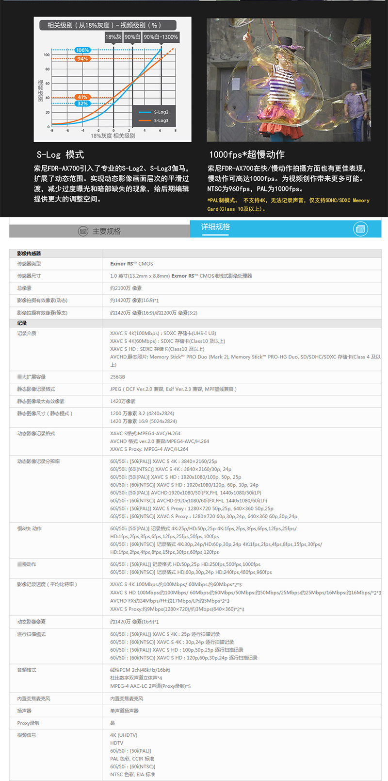 索尼（SONY）FDR-AX700 4K HDR民用高清数码摄像机 家用/直播1000fps超慢动作