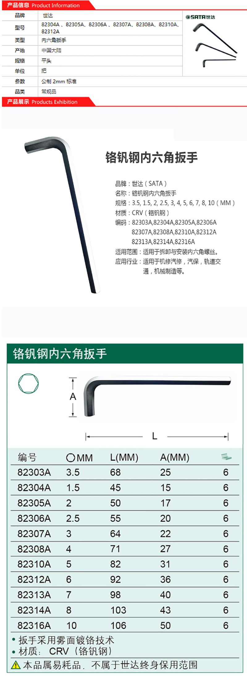 82305 世达内六角扳手（2.0mm)