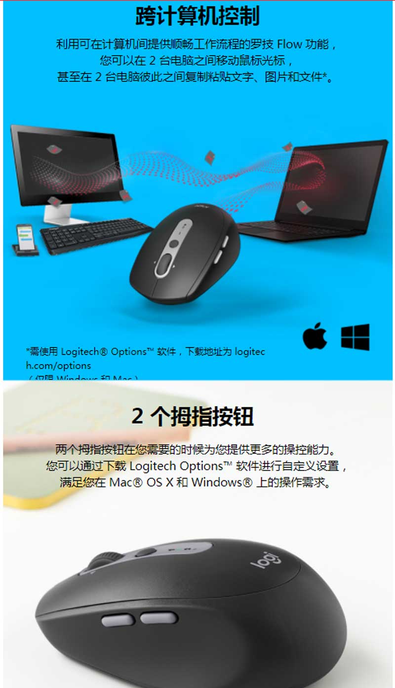 罗技（Logitech）M590 多设备静音无线鼠标 无线蓝牙优联双模跨计算机控制鼠标 侧键 石墨黑