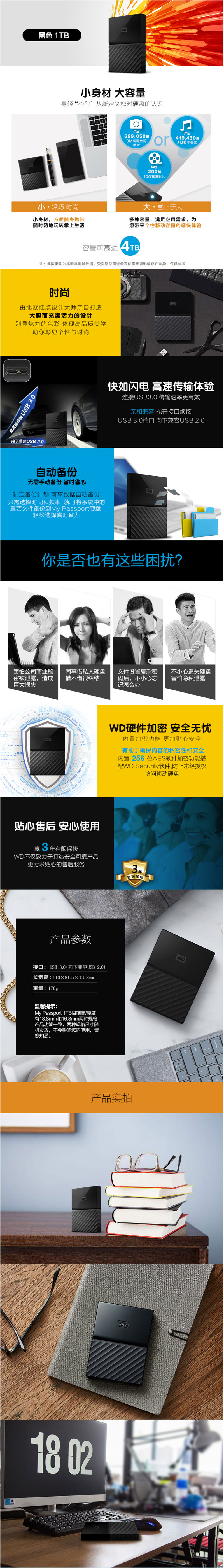 西部数据(WD)1TB USB3.0移动硬盘My Passport 2.5英寸 经典黑 