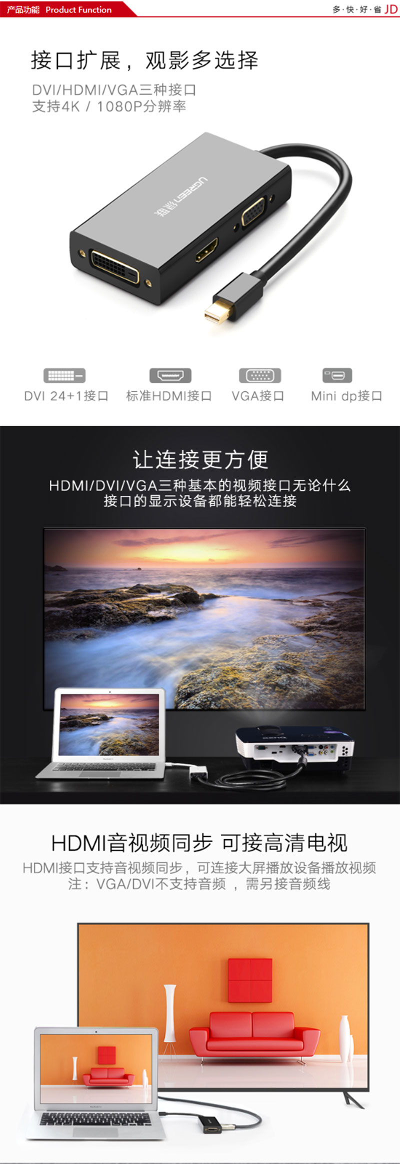 绿联20417 Mini DP转HDMI/VGA/DVI三接口