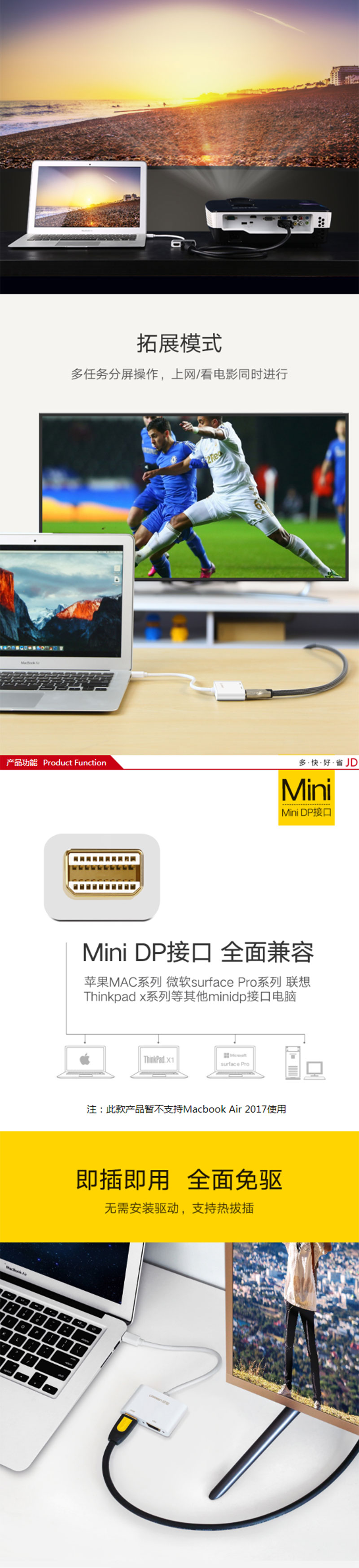 绿联10439 Mini DP(雷电）转VGA/HDMI双接口