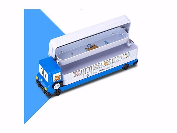 得力(deli) 70855 可行驶校车文具盒 马口铁三层可折叠铅笔盒 蓝色