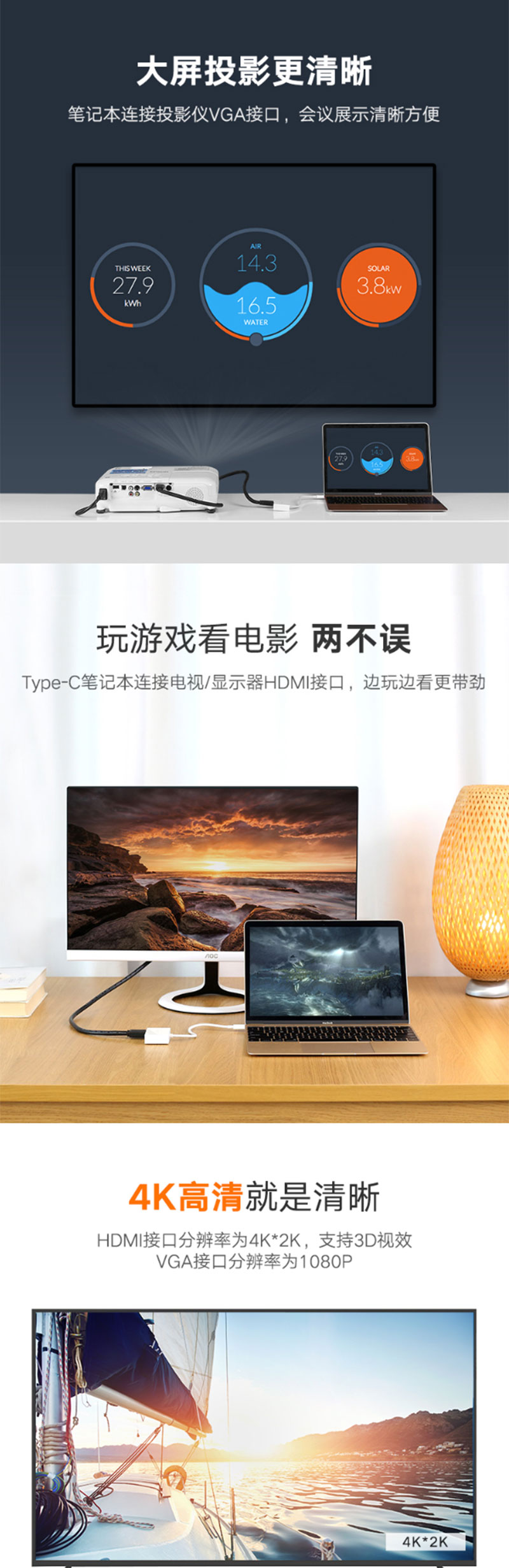 绿联30843 TYPE-C转HDMI+VGA