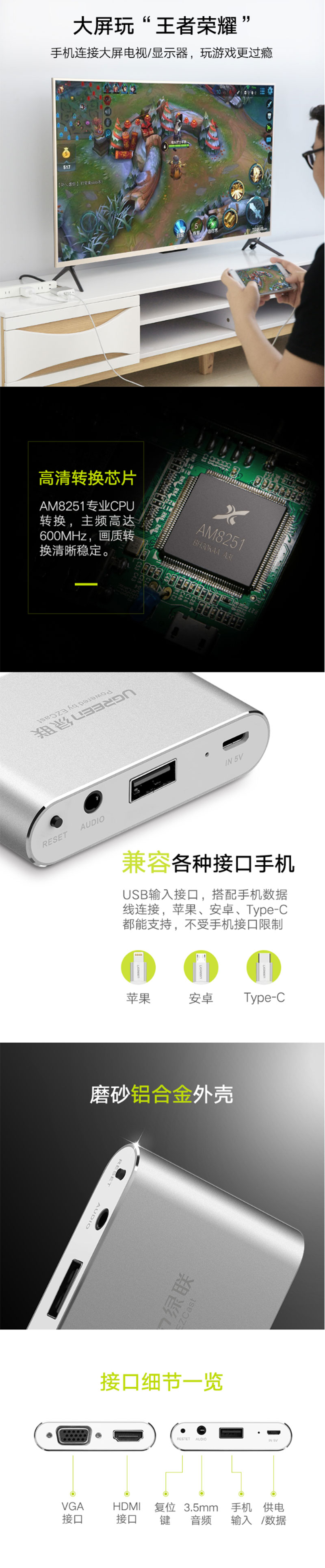 绿联30522 手机转VGA+HDMI转换器