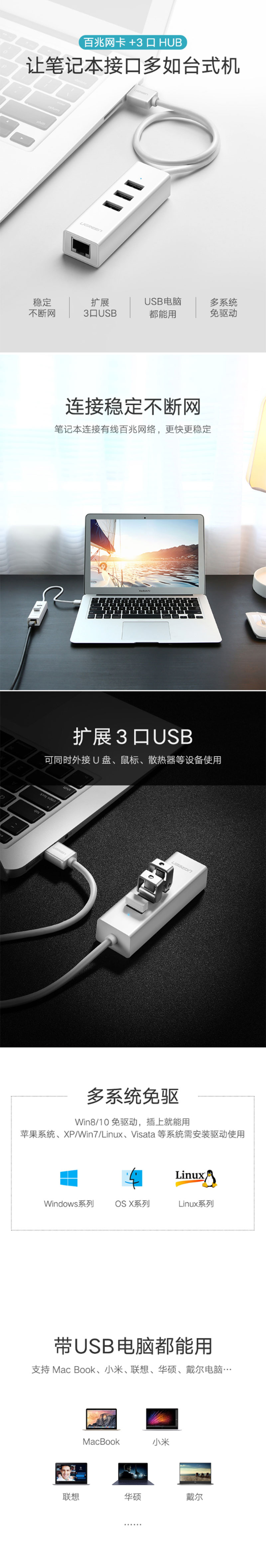 绿联30298 USB转网口+HUB