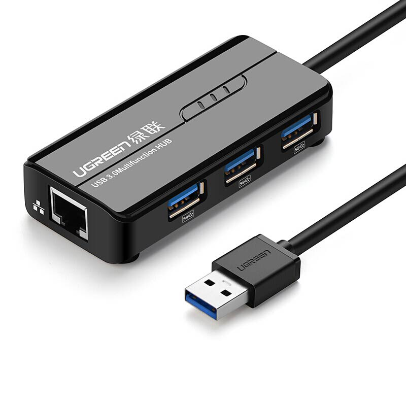 绿联20266 USB3.0分线器 百兆有线网卡网口 黑色3口集线器