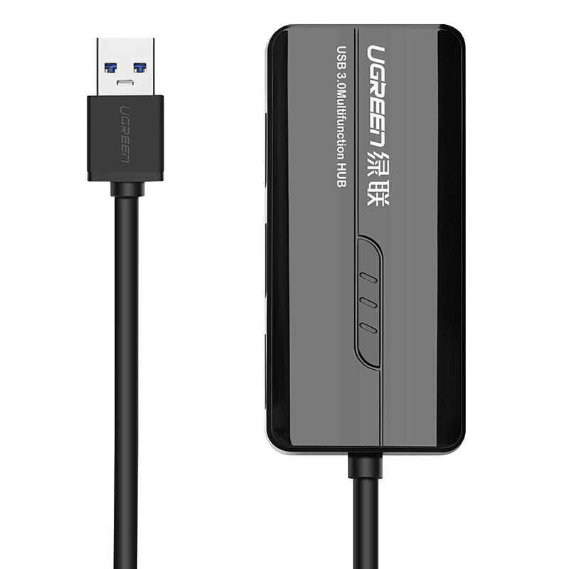 绿联20266 USB3.0分线器 百兆有线网卡网口 黑色3口集线器