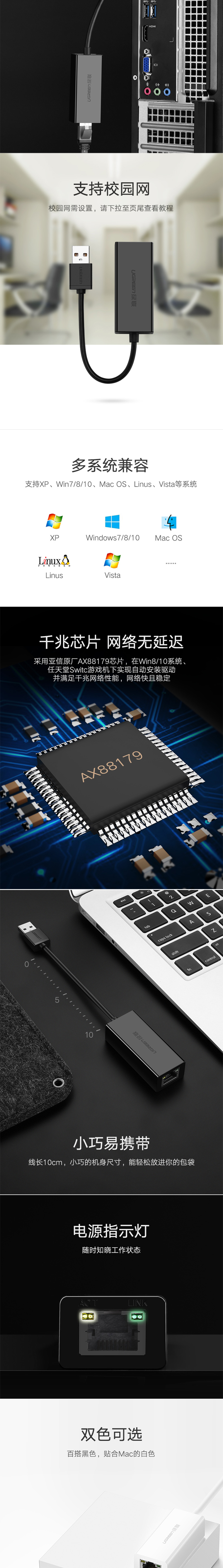 绿联20256 USB转RJ45网络转接头 USB3.0黑色 详情页