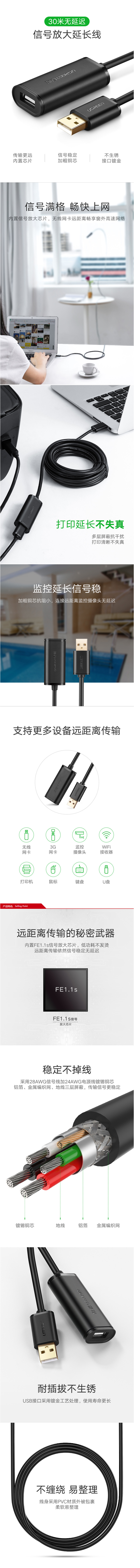 绿联USB2.0公对母信号放大延长线 无线网卡USB延长线 10米 黑色 10321